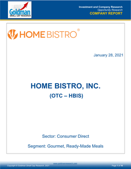 Home Bistro, Inc. (Otc – Hbis)