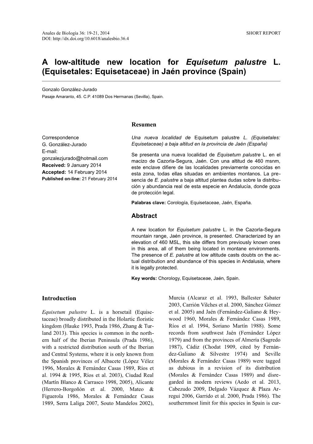 A Low-Altitude New Location for Equisetum Palustre L. (Equisetales: Equisetaceae) in Jaén Province (Spain)