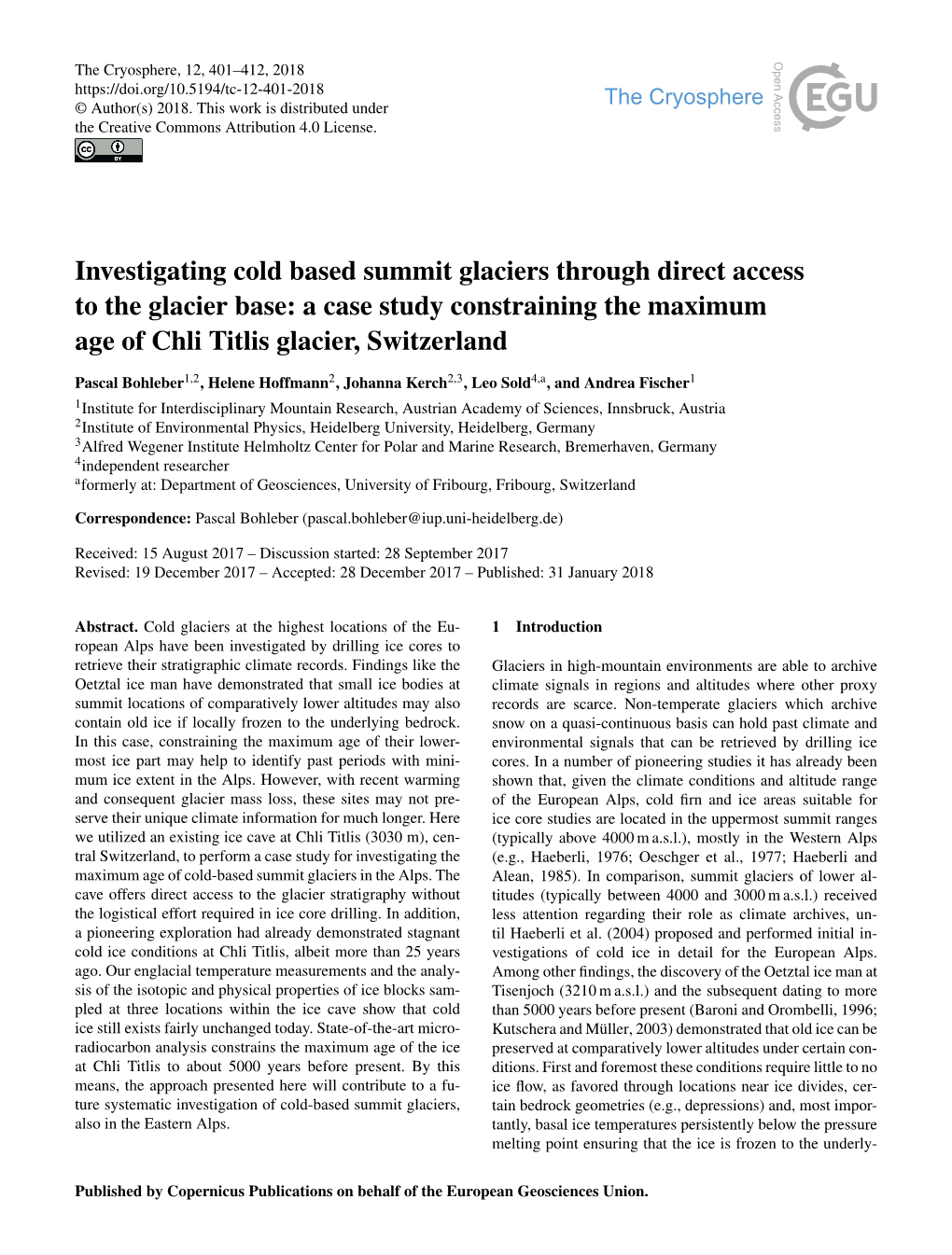 A Case Study Constraining the Maximum Age of Chli Titlis Glacier, Switzerland