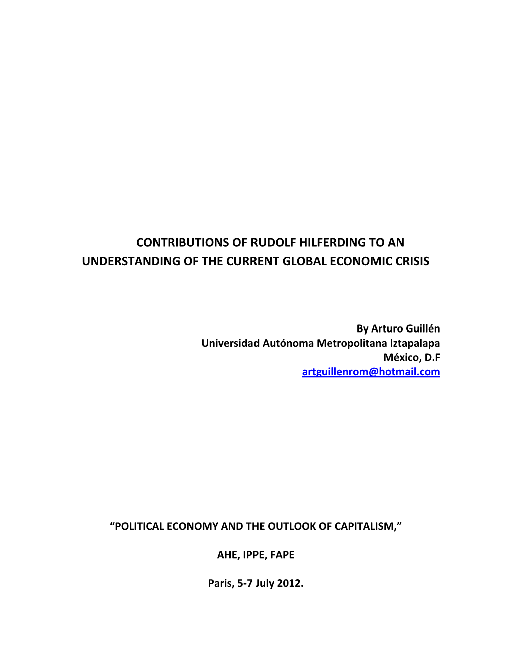 Contributions of Rudolf Hilferding to an Understanding of the Current Global Economic Crisis