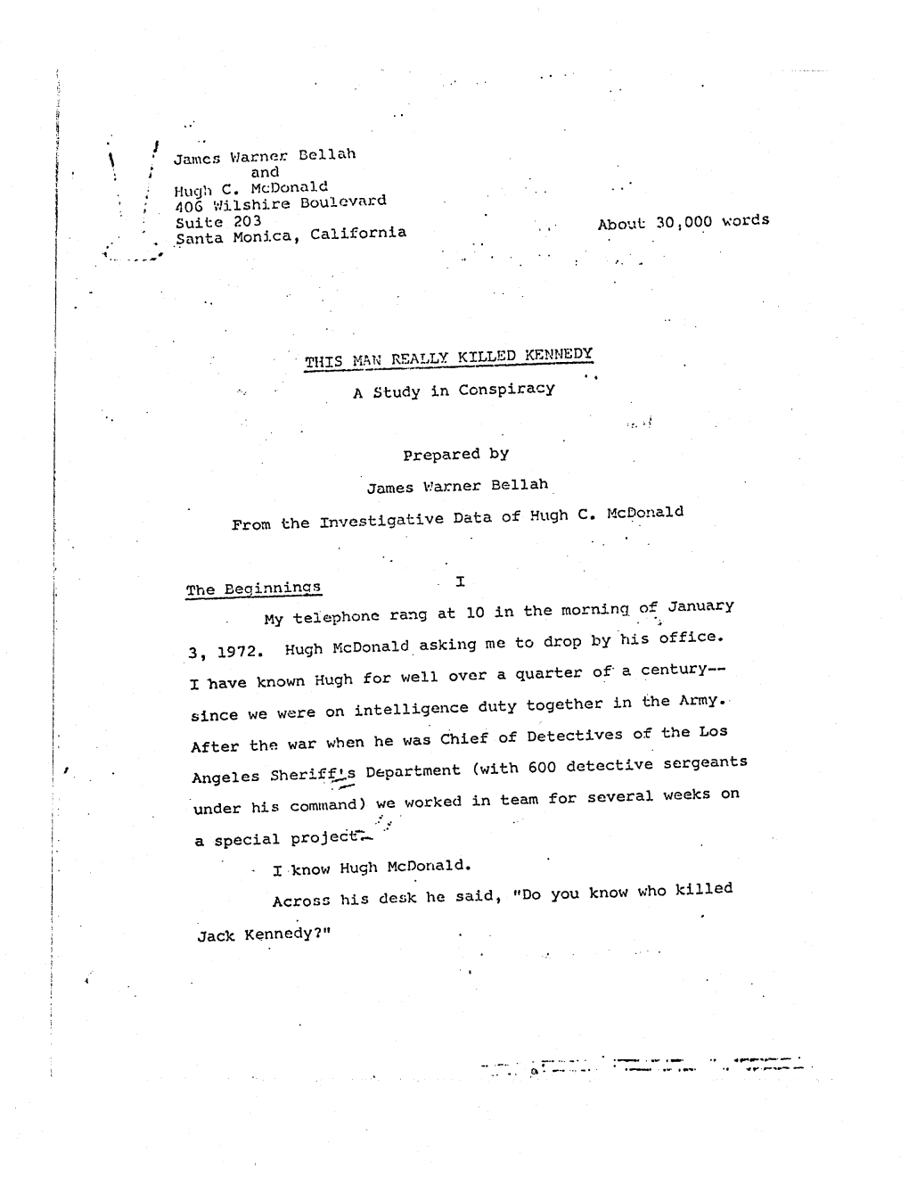 ' James Warner. Bellah and Hugh C. Mcdonald 406 Wilshire Boulevard Suite 203 About 30,000 Words Santa Monica, California