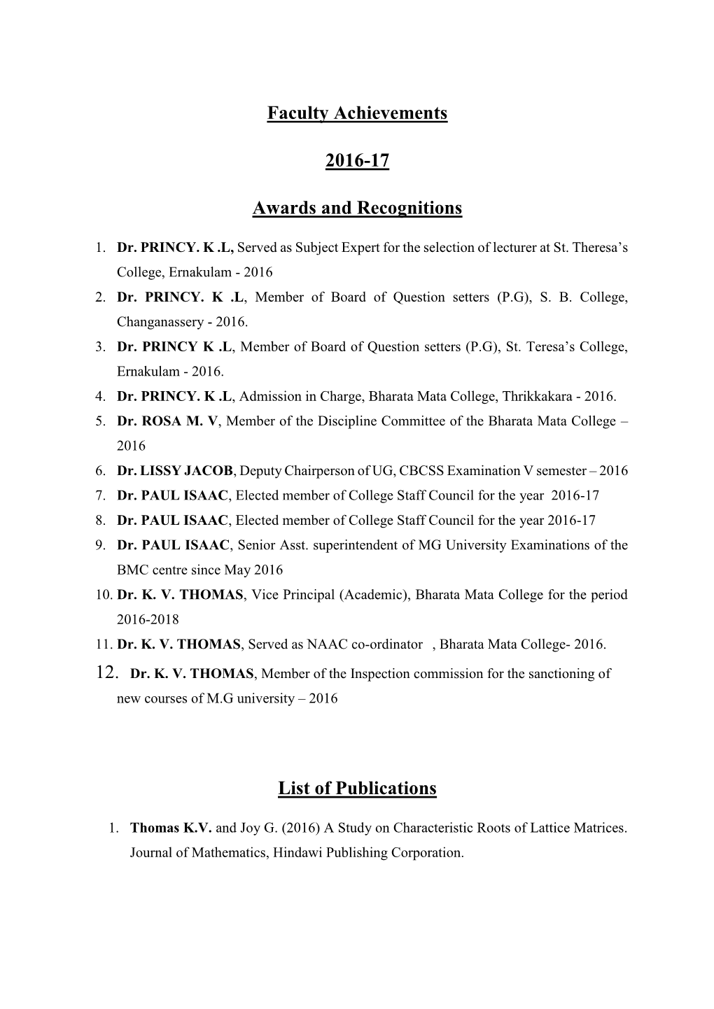 Faculty Achievements 2016-17 Awards and Recognitions List of Publications