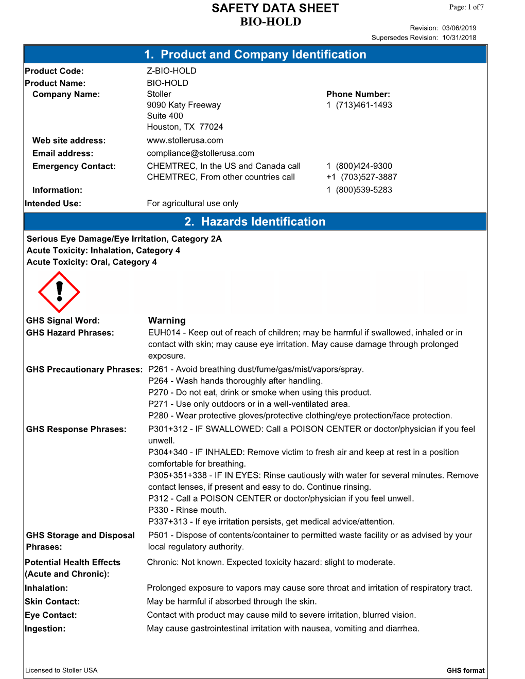 BIO-HOLD SAFETY DATA SHEET 1. Product and Company Identification 2. Hazards Identification