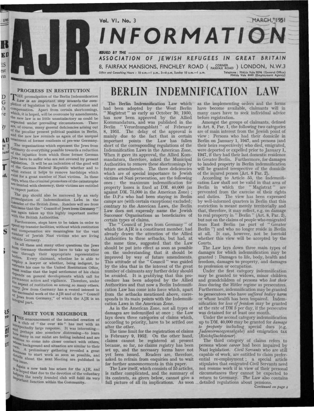 INFORMATION OWED «R the ASSOCIATION of JEWISH REFUGEES in GREAT BRITAIN 8