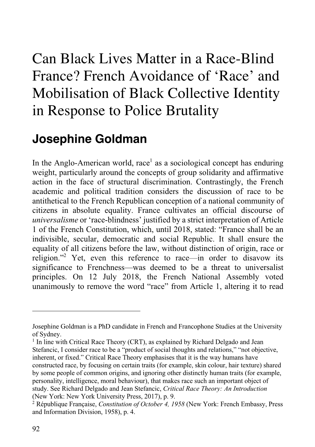 Can Black Lives Matter in a Race-Blind France? French Avoidance of ‘Race’ and Mobilisation of Black Collective Identity in Response to Police Brutality