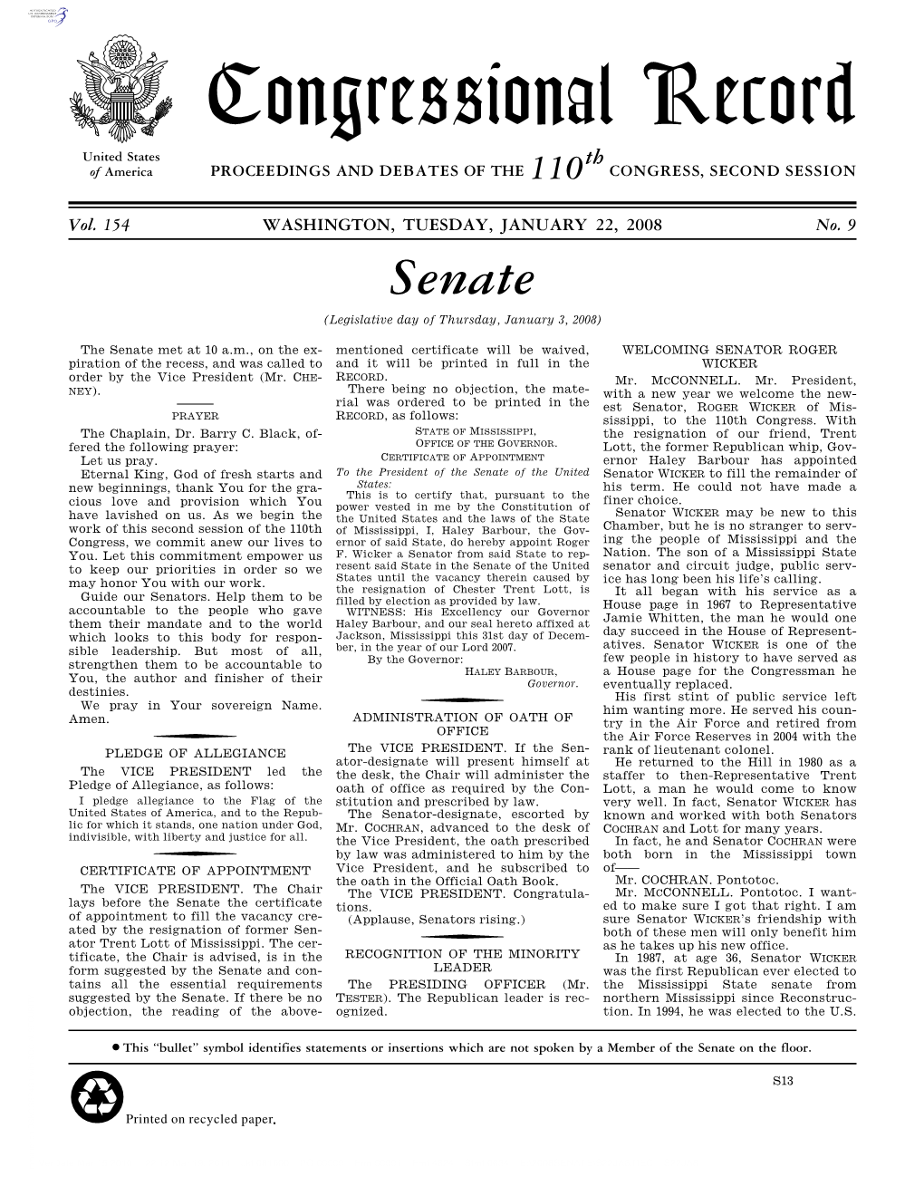 Congressional Record United States Th of America PROCEEDINGS and DEBATES of the 110 CONGRESS, SECOND SESSION