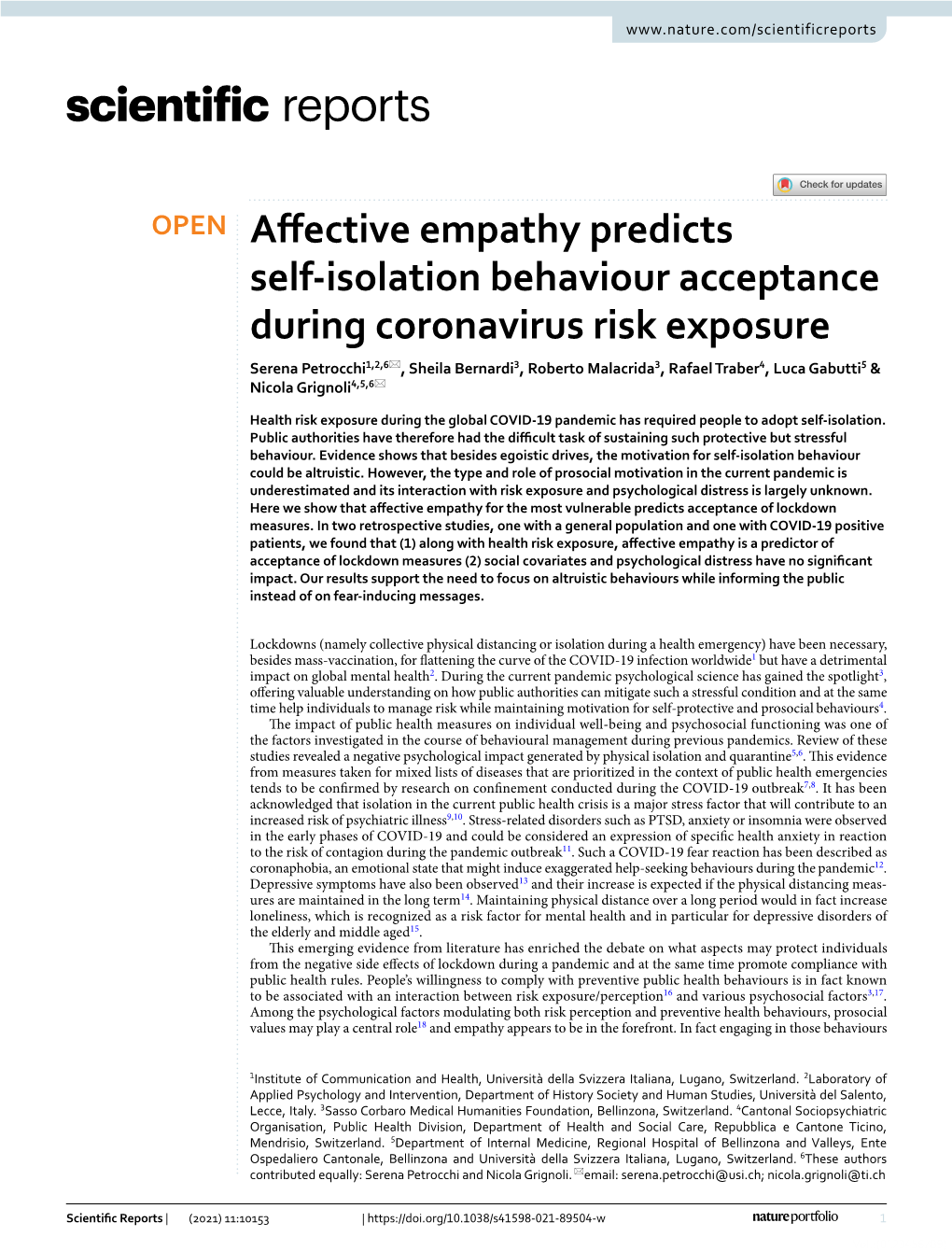 Affective Empathy Predicts Self-Isolation Behaviour Acceptance