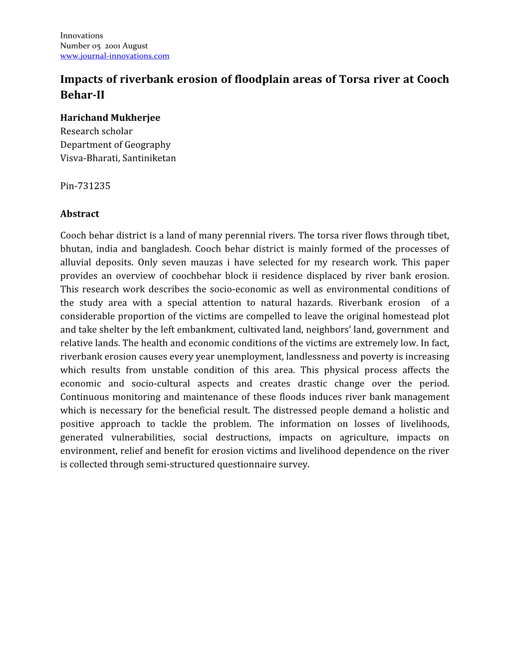 Impacts of Riverbank Erosion of Floodplain Areas of Torsa River at Cooch Behar-II