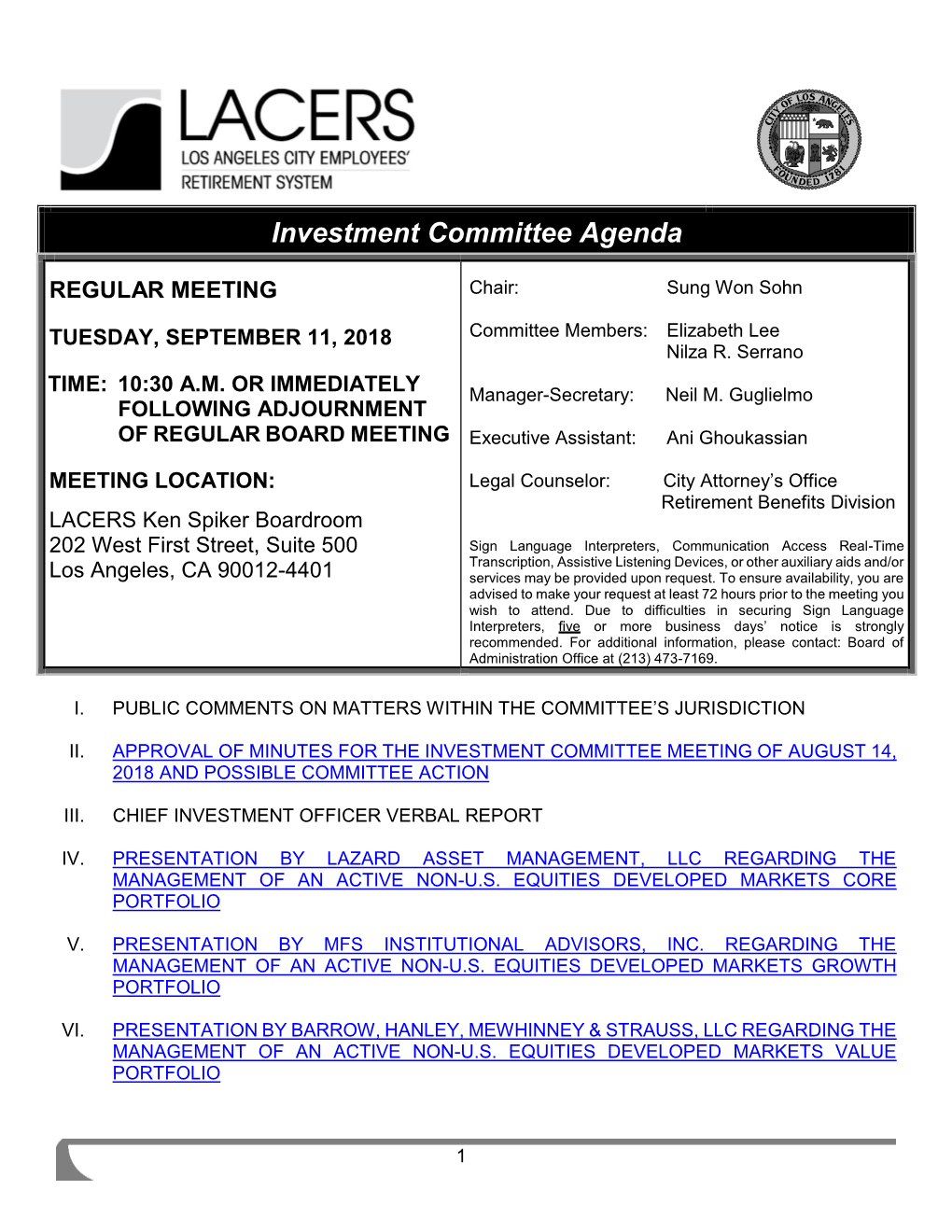 Investment Committee Agenda