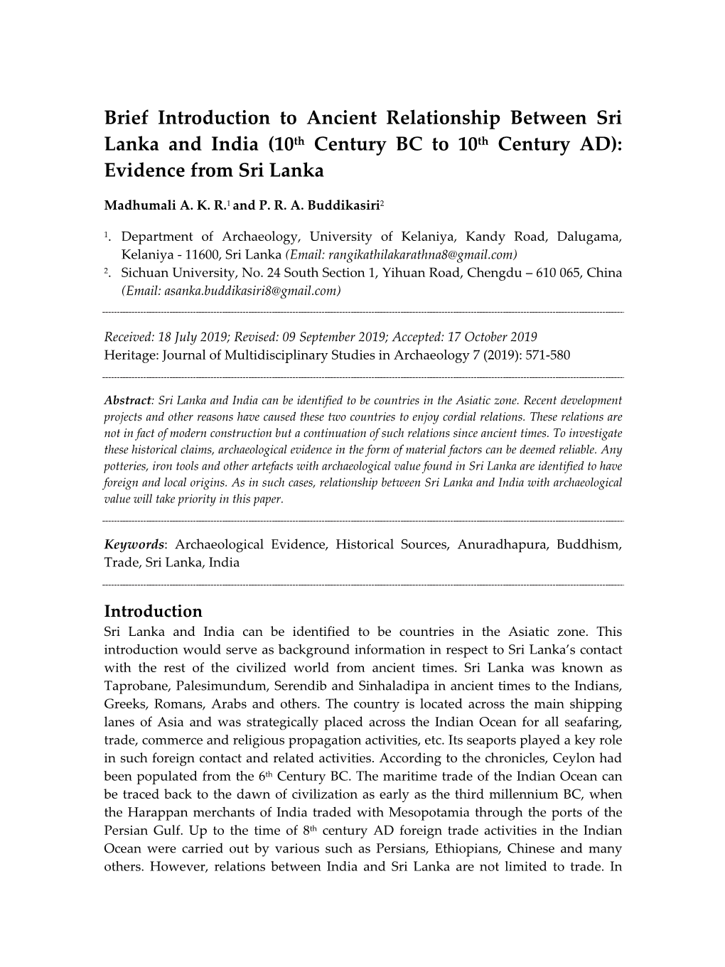 10Th Century BC to 10Th Century AD): Evidence from Sri Lanka