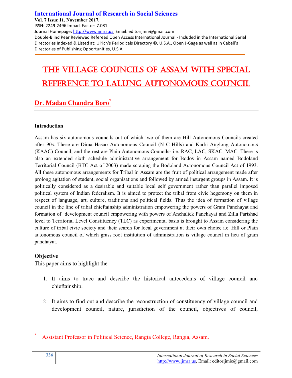 The Village Councils of Assam with Special Reference to Lalung Autonomous Council