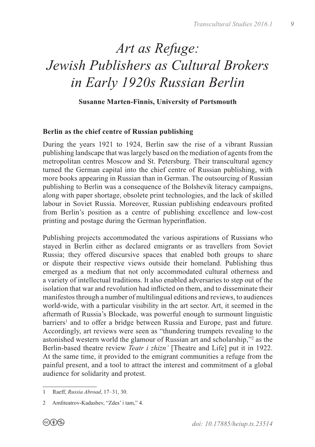 Art As Refuge: Jewish Publishers As Cultural Brokers in Early 1920S Russian Berlin