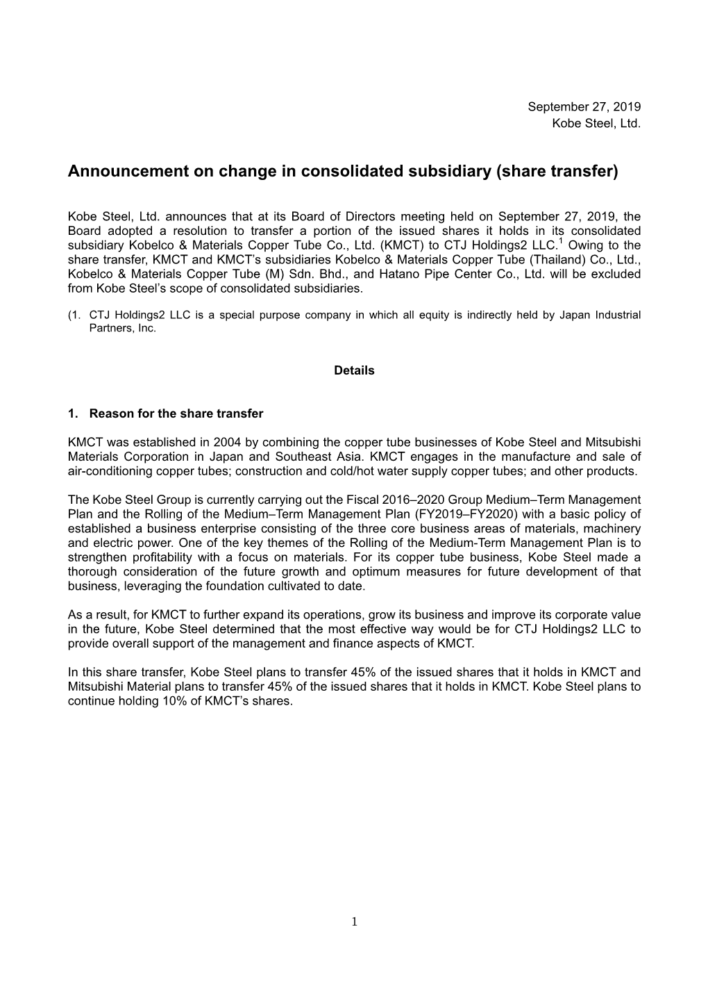 Announcement on Change in Consolidated Subsidiary (Share Transfer)