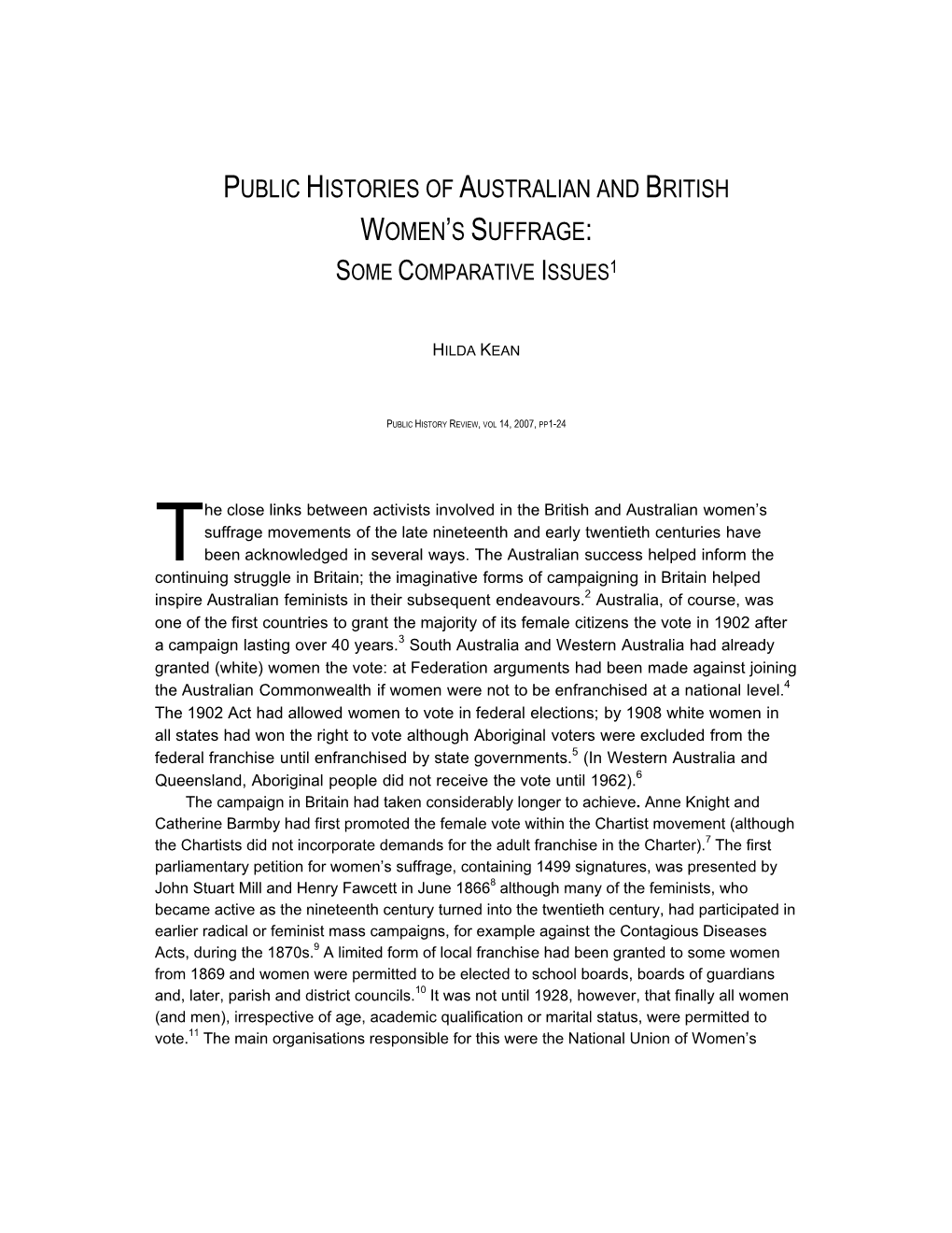 Public Histories of Australian and British Women’S Suffrage: Some Comparative Issues1