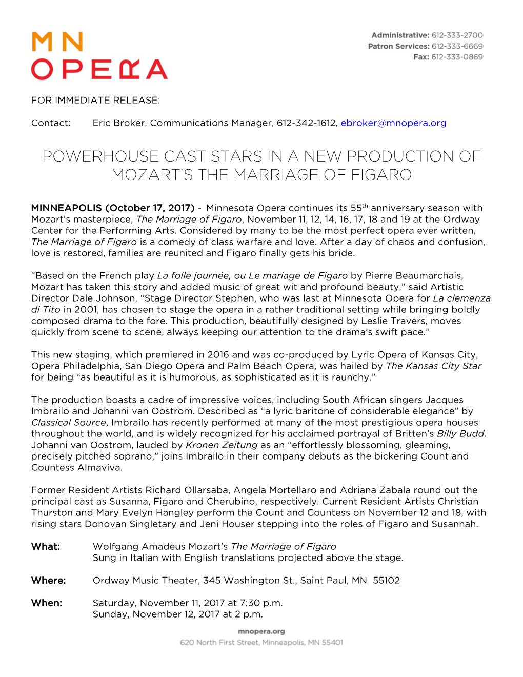 Powerhouse Cast Stars in a New Production of Mozart’S the Marriage of Figaro