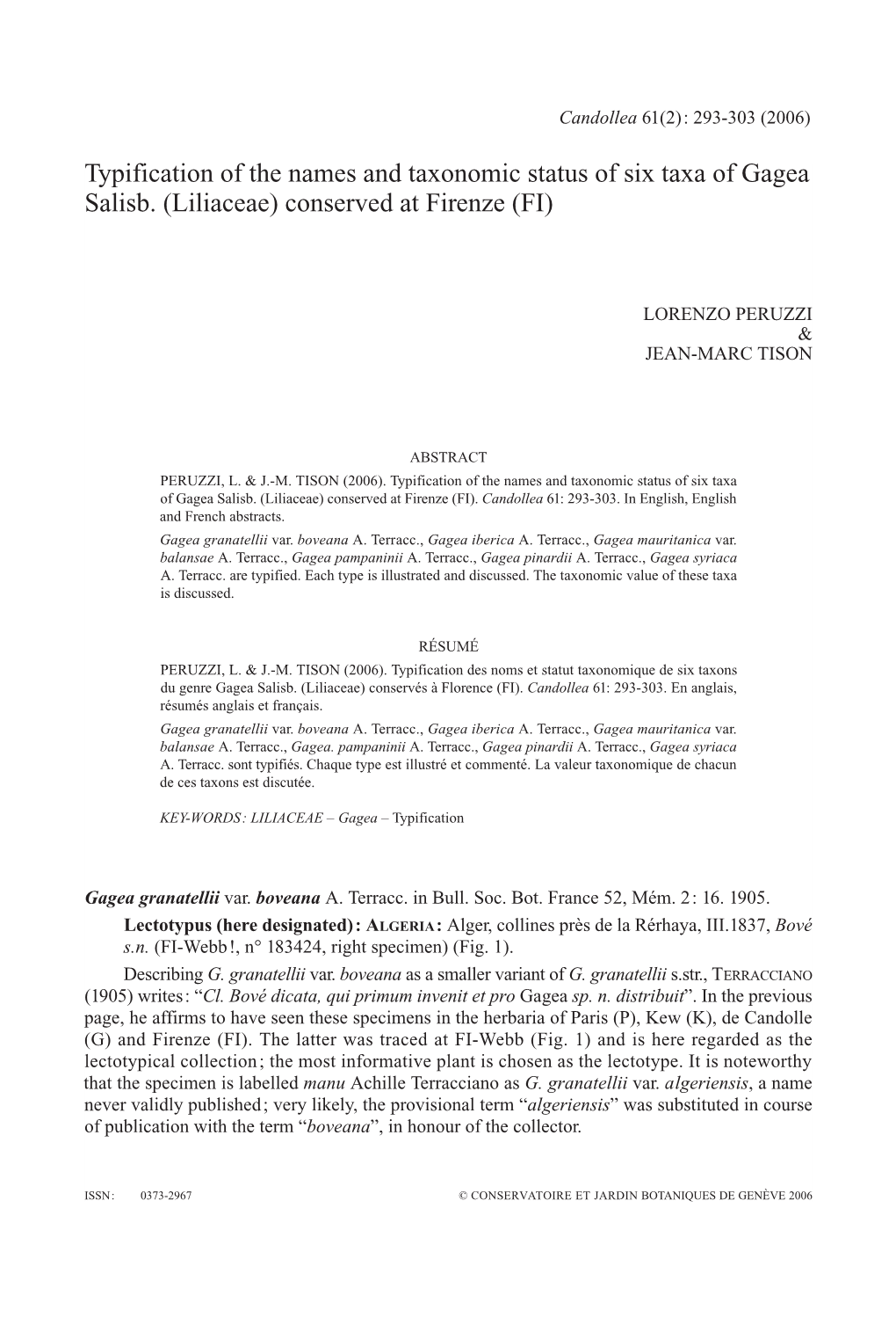 Typification of the Names and Taxonomic Status of Six Taxa of Gagea Salisb. (Liliaceae) Conserved at Firenze (FI)