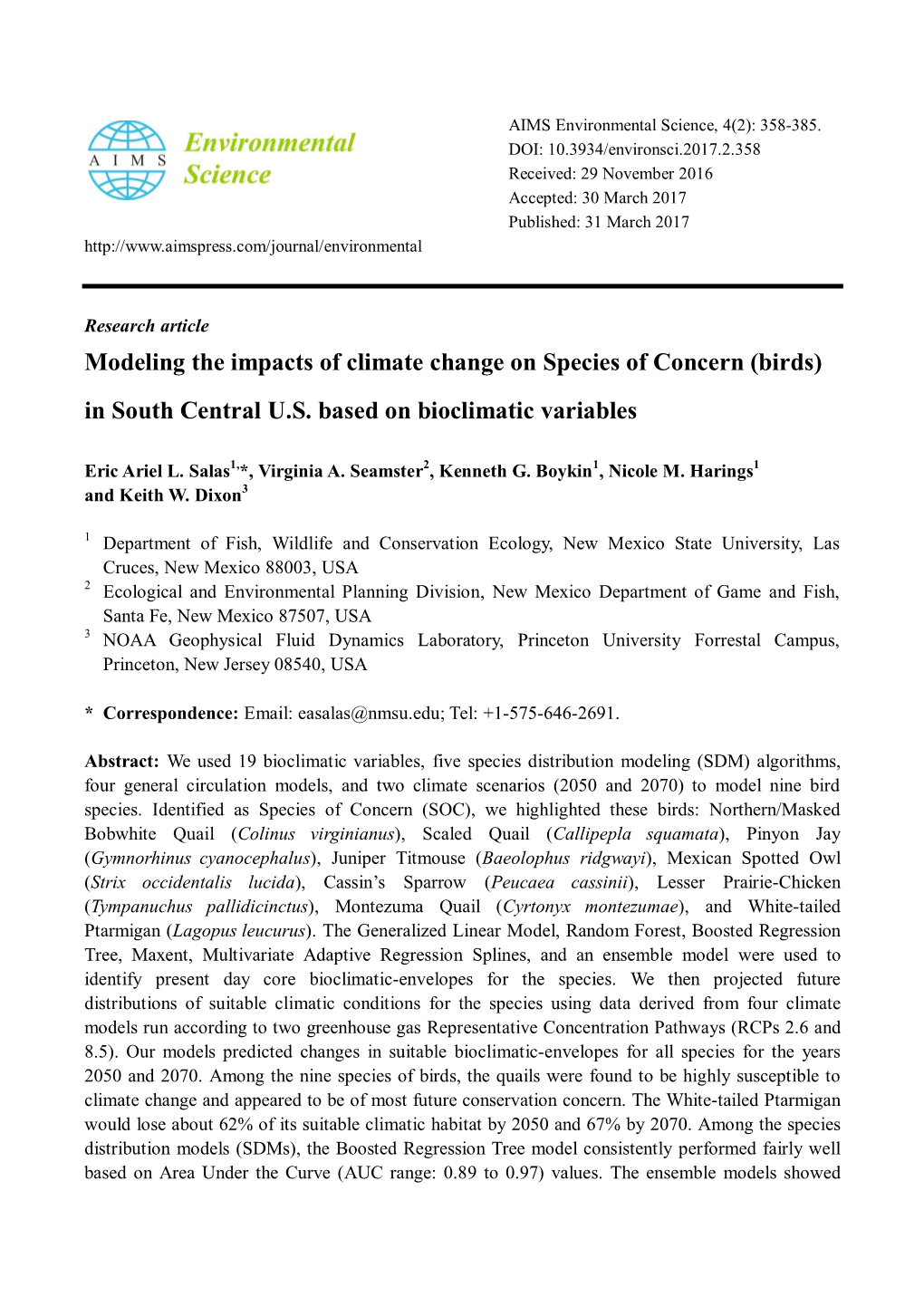 Modeling the Impacts of Climate Change on Species of Concern (Birds) in South Central U.S
