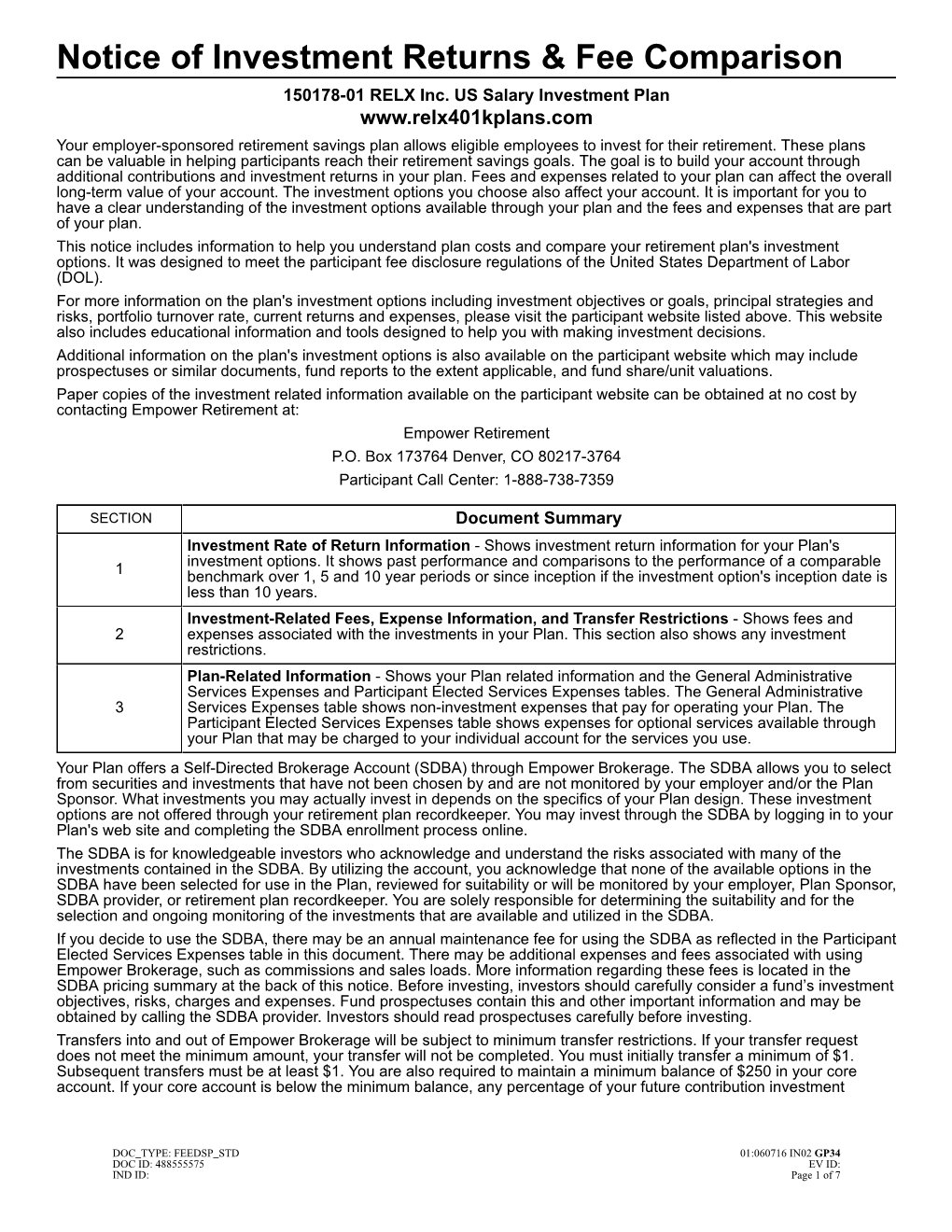 Notice of Investment Returns & Fee Comparison