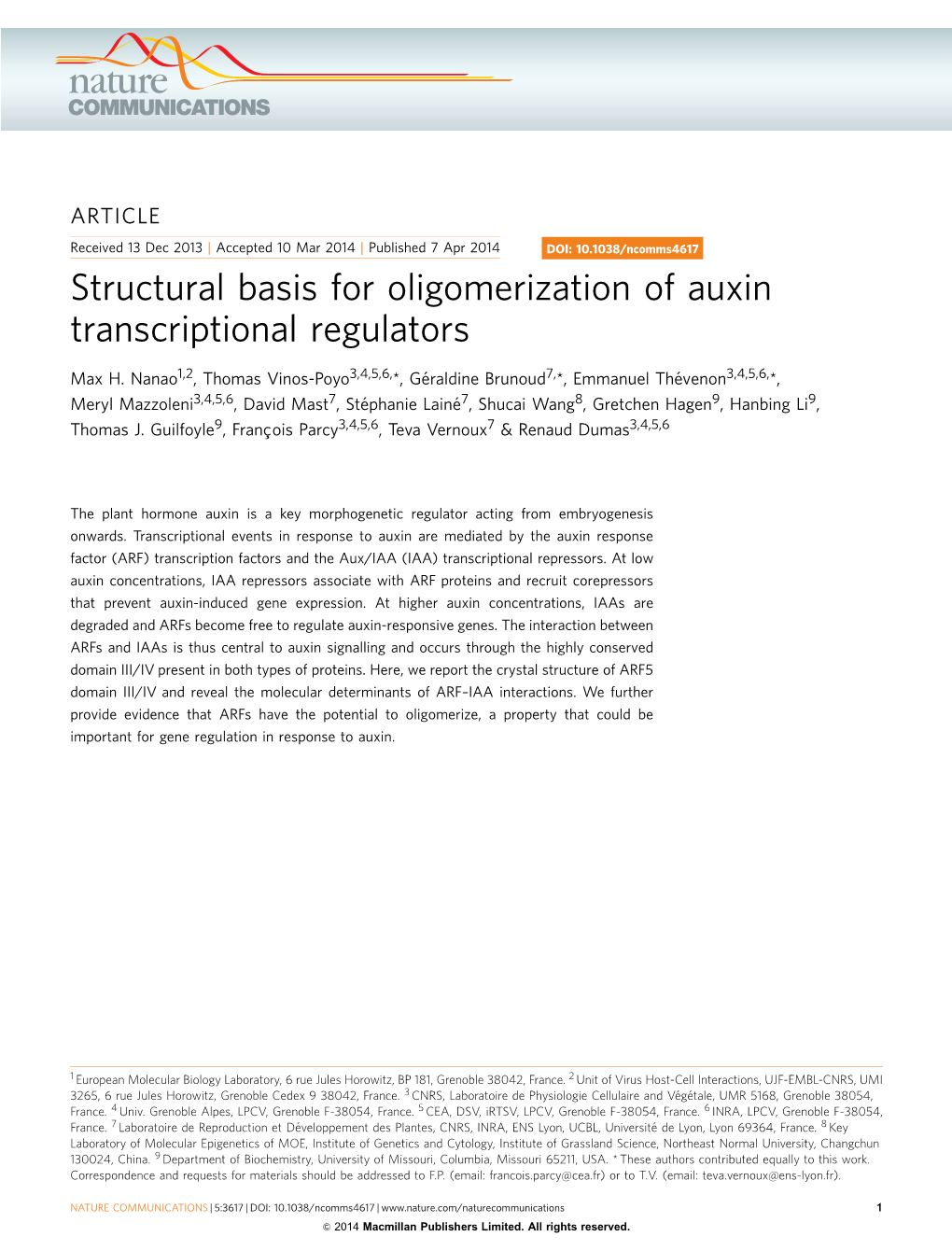 Structural Basis for Oligomerization of Auxin Transcriptional Regulators