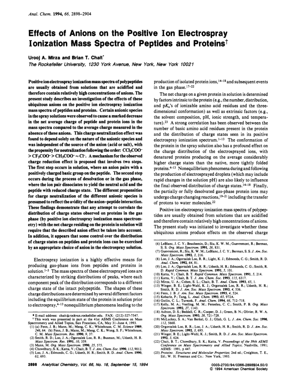 Effects of Anions on the Positive Ion Electrospray Ionization Mass Spectra of Peptides and Proteinst