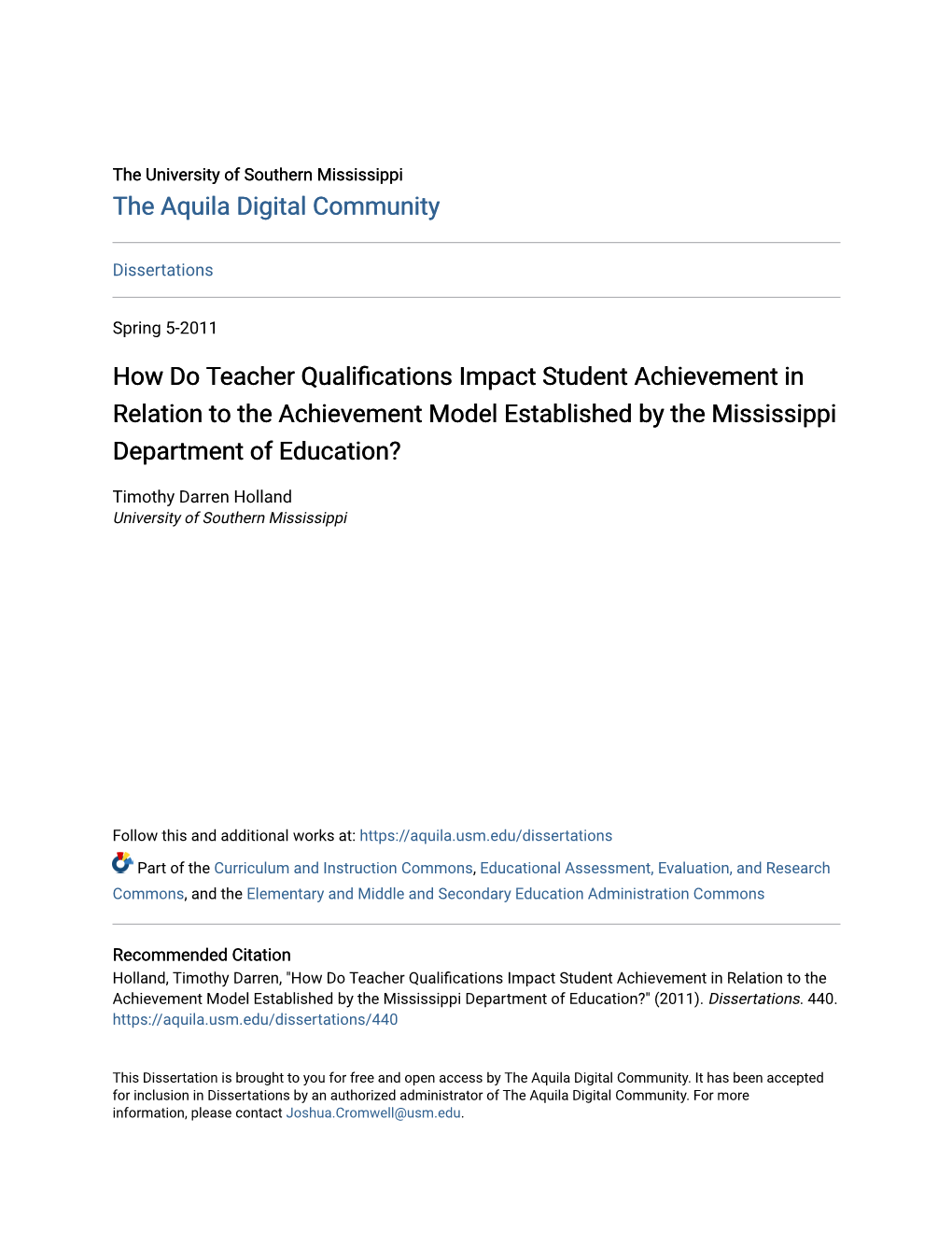 How Do Teacher Qualifications Impact Student Achievement in Relation to the Achievement Model Established by the Mississippi Department of Education?