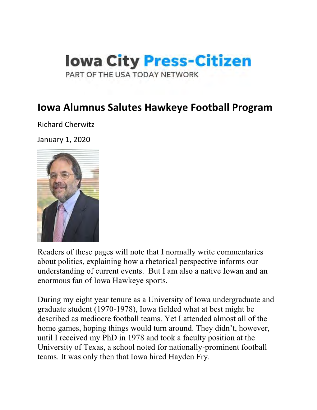 Iowa Alumnus Salutes Hawkeye Football Program Richard Cherwitz January 1, 2020