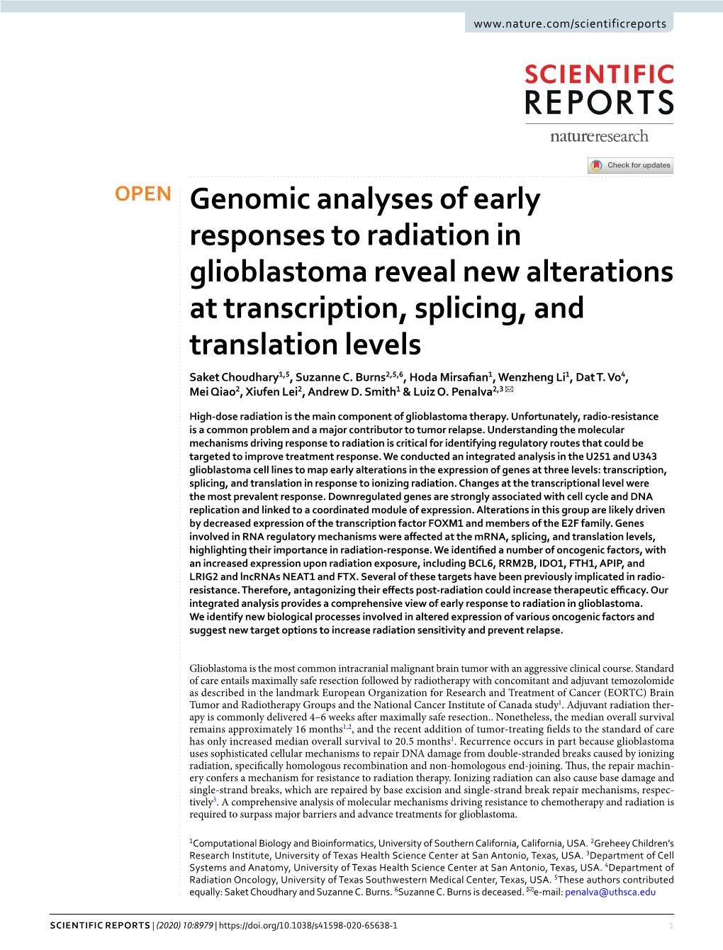 Genomic Analyses of Early Responses to Radiation in Glioblastoma Reveal