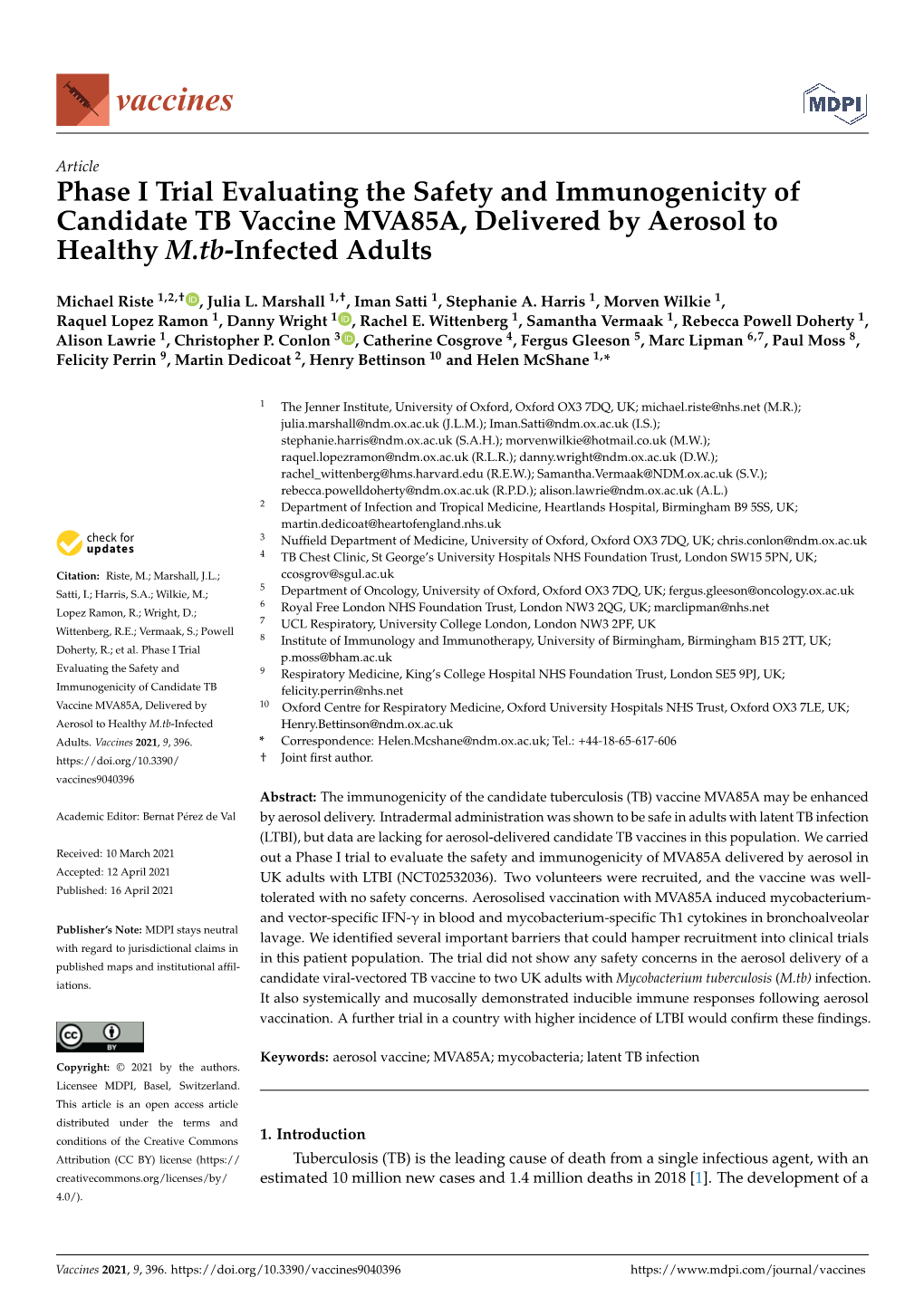 Phase I Trial Evaluating the Safety and Immunogenicity of Candidate TB Vaccine MVA85A, Delivered by Aerosol to Healthy M.Tb-Infected Adults