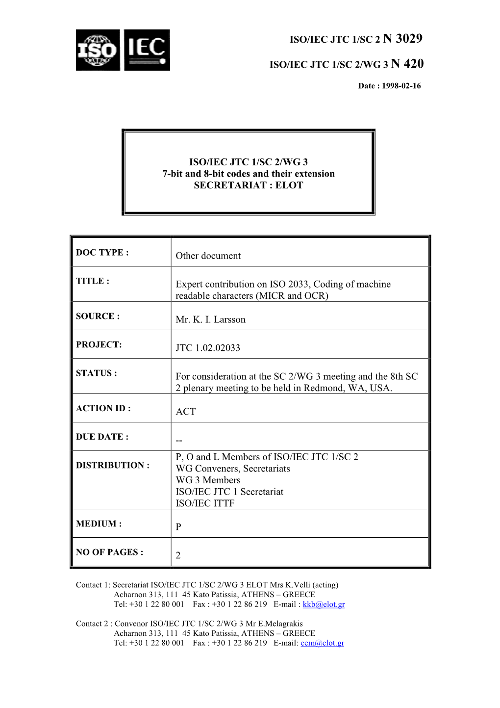 Iso/Iec Jtc 1/Sc 2 N 3029 Iso/Iec Jtc 1/Sc 2/Wg 3 N 420