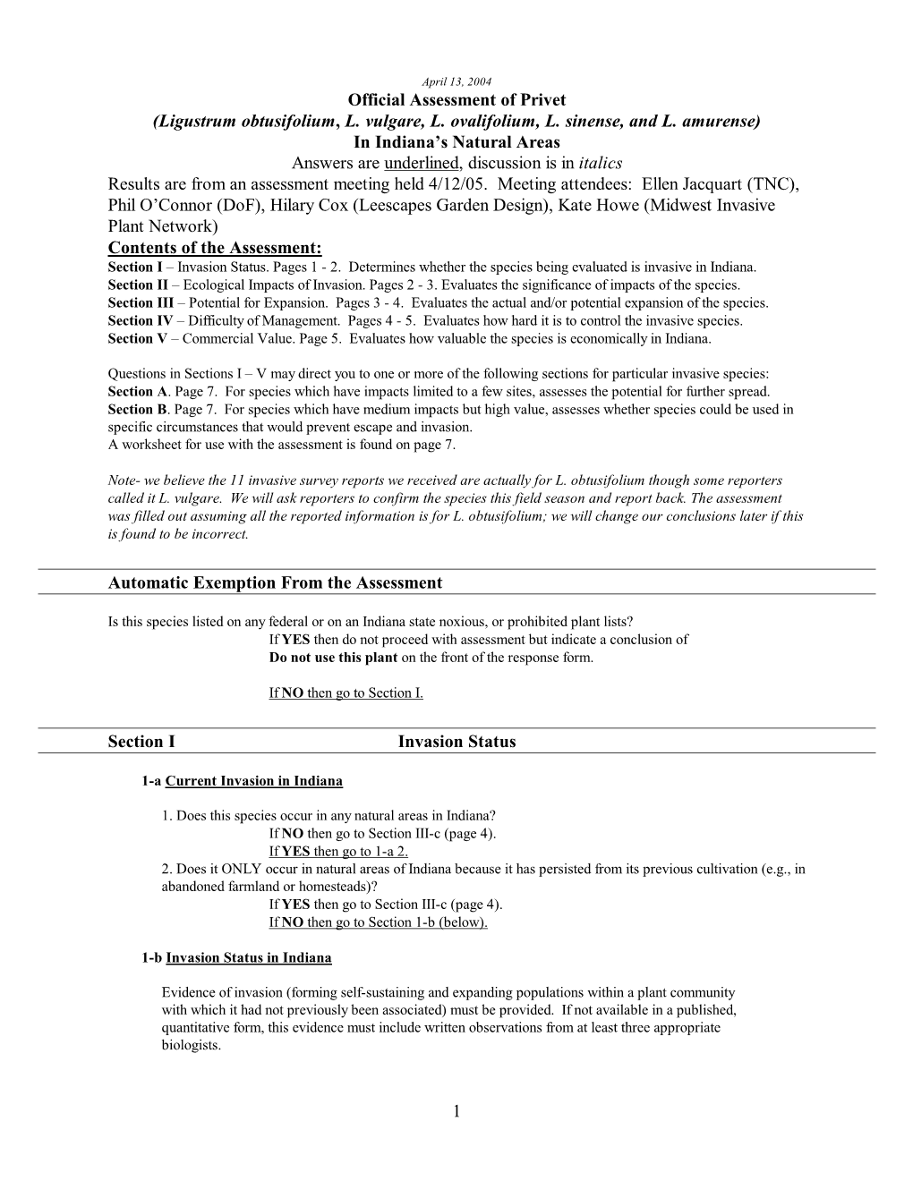 1 Official Assessment of Privet (Ligustrum Obtusifolium, L. Vulgare