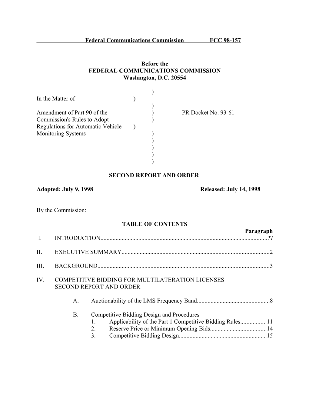 Federal Communications Commission FCC 98-157