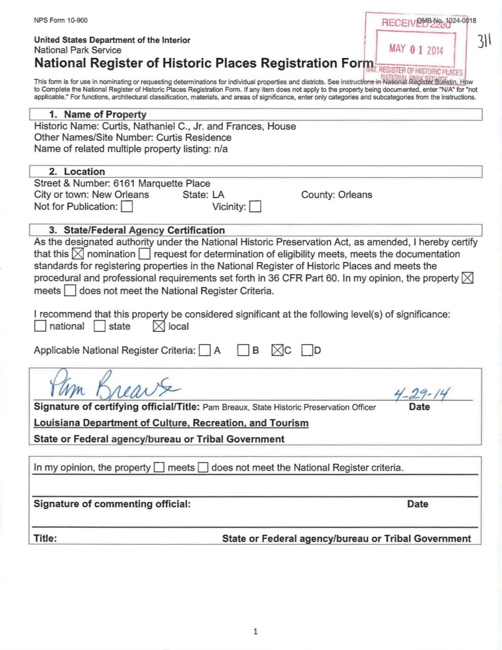 Curtis, Nathaniel C., Jr. and Frances, House Other Names/Site Number: Curtis Residence Name of Related Multiple Property Listing: N/A