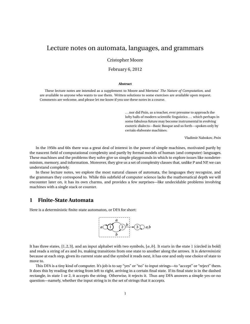 Lecture Notes on Automata, Languages, and Grammars