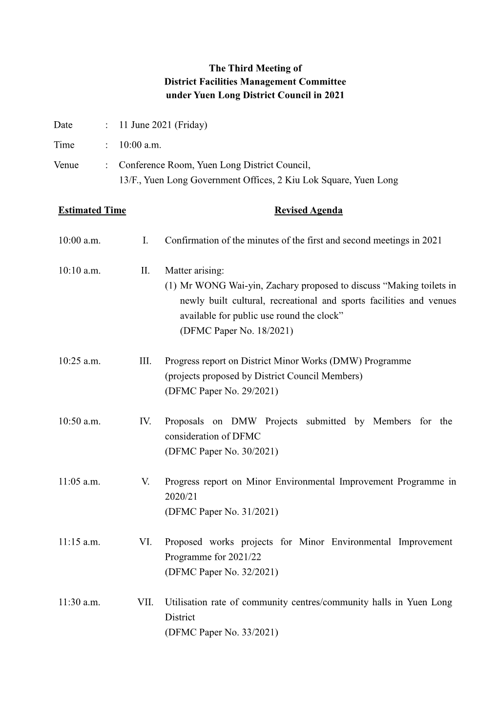 The Third Meeting of District Facilities Management Committee Under Yuen Long District Council in 2021