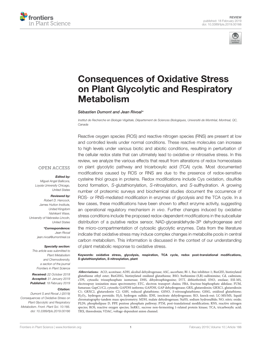 Consequences of Oxidative Stress on Plant Glycolytic and Respiratory Metabolism