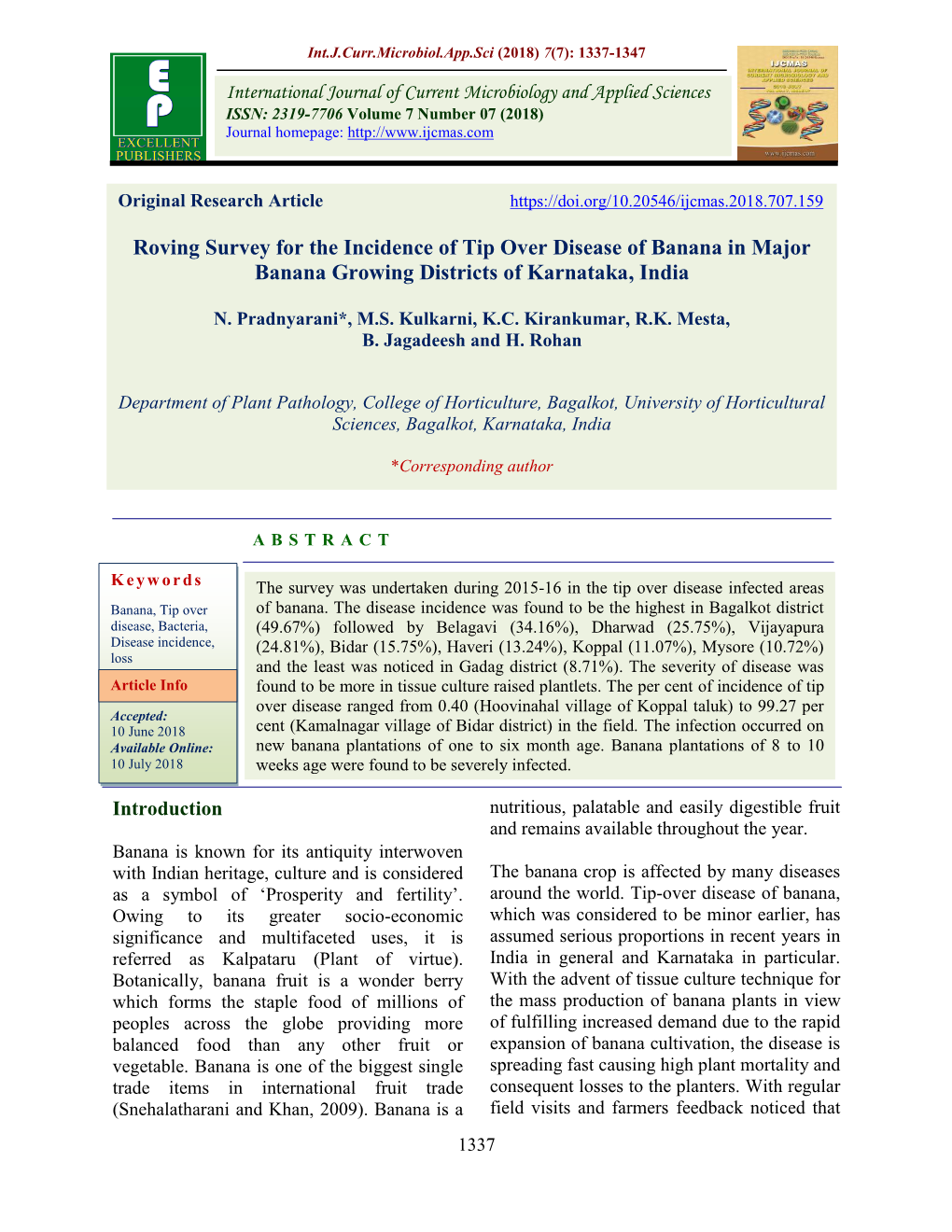 Roving Survey for the Incidence of Tip Over Disease of Banana in Major Banana Growing Districts of Karnataka, India