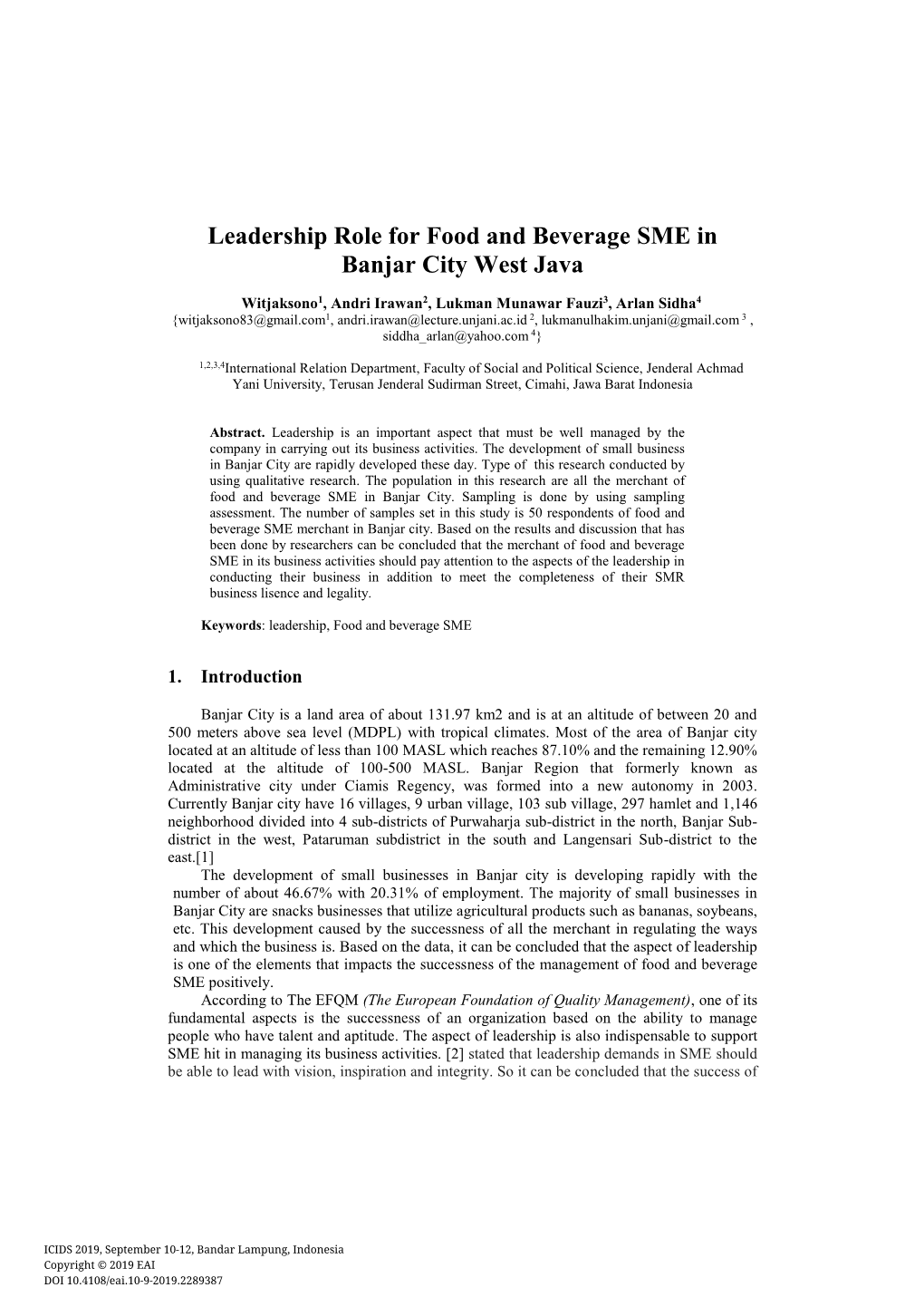 Leadership Role for Food and Beverage SME in Banjar City West Java