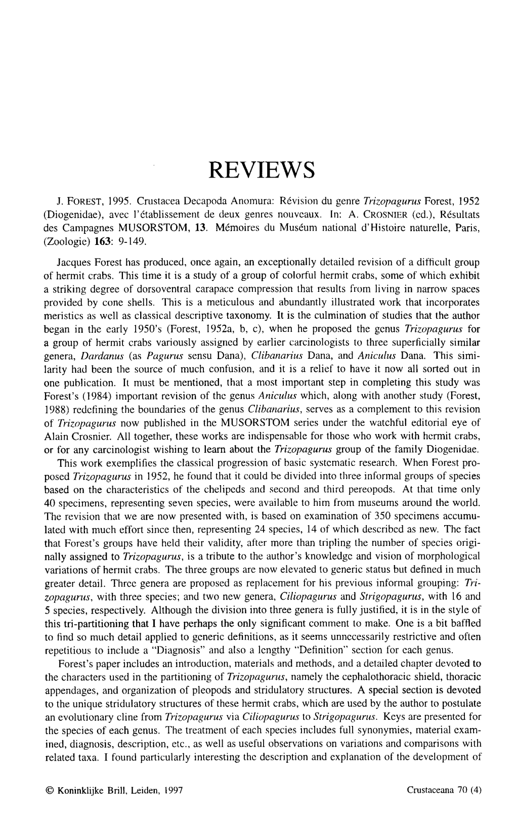 REVIEWS J. FOREST, 1995. Crustacea Decapoda Anomura