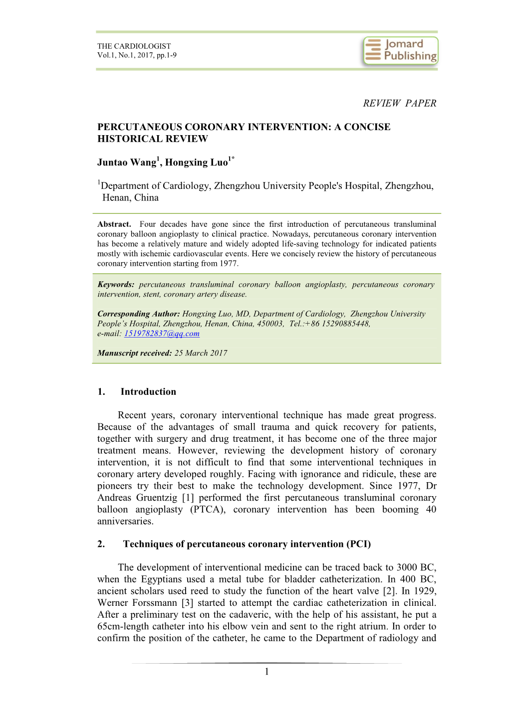 Percutaneous Coronary Intervention: a Concise Historical Review