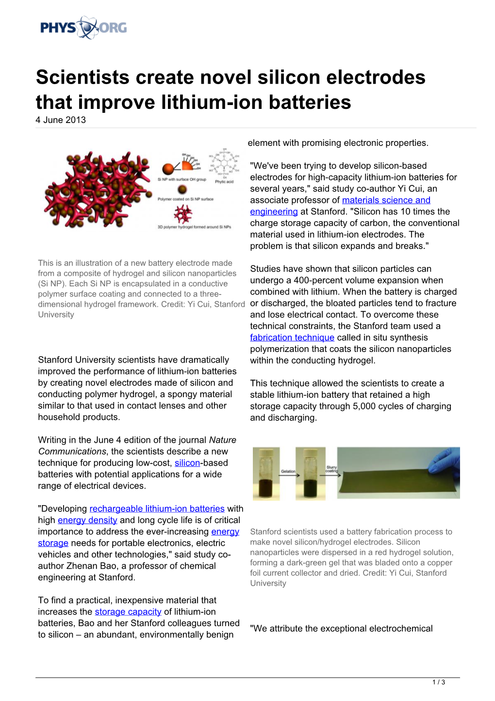 Scientists Create Novel Silicon Electrodes That Improve Lithium-Ion Batteries 4 June 2013