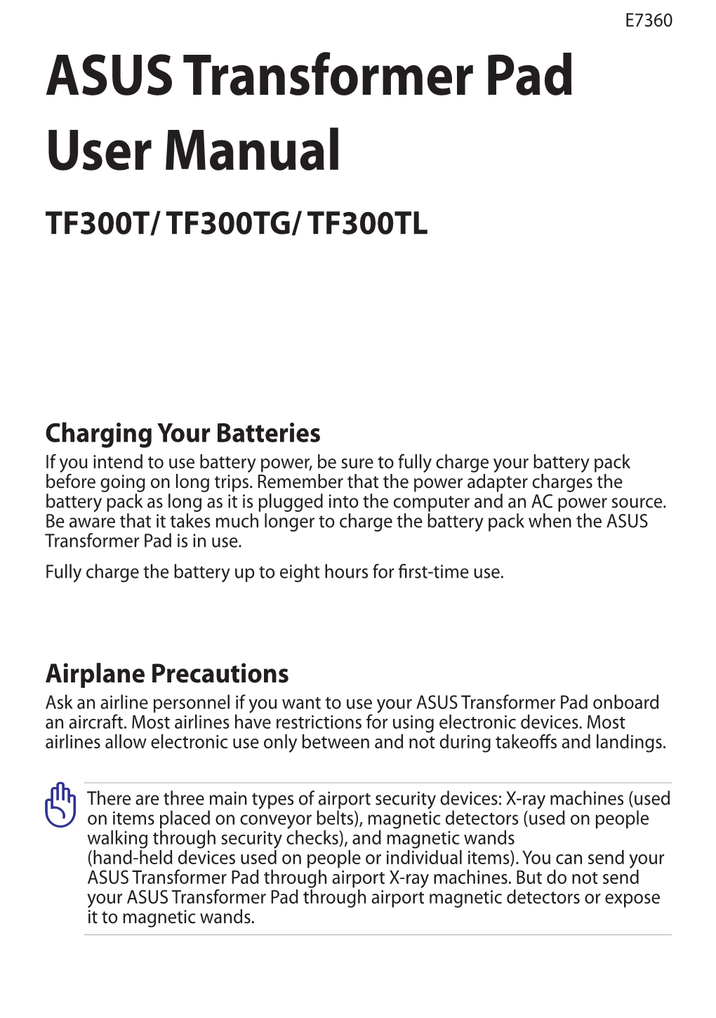 ASUS Transformer Pad User Manual TF300T/ TF300TG/ TF300TL