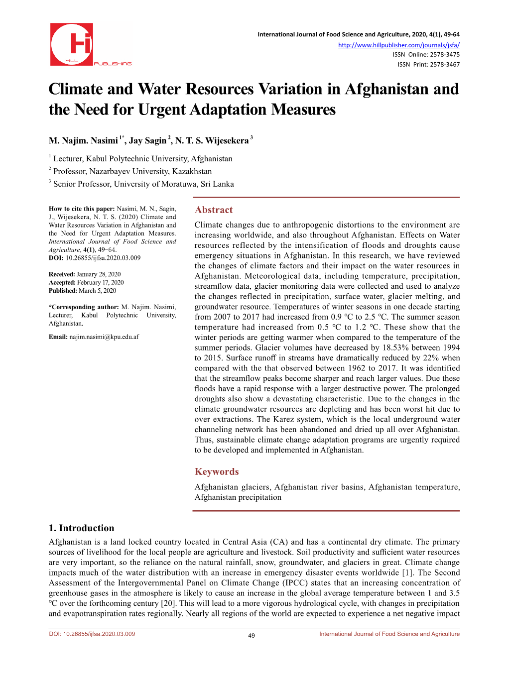 Climate and Water Resources Variation in Afghanistan and the Need for Urgent Adaptation Measures