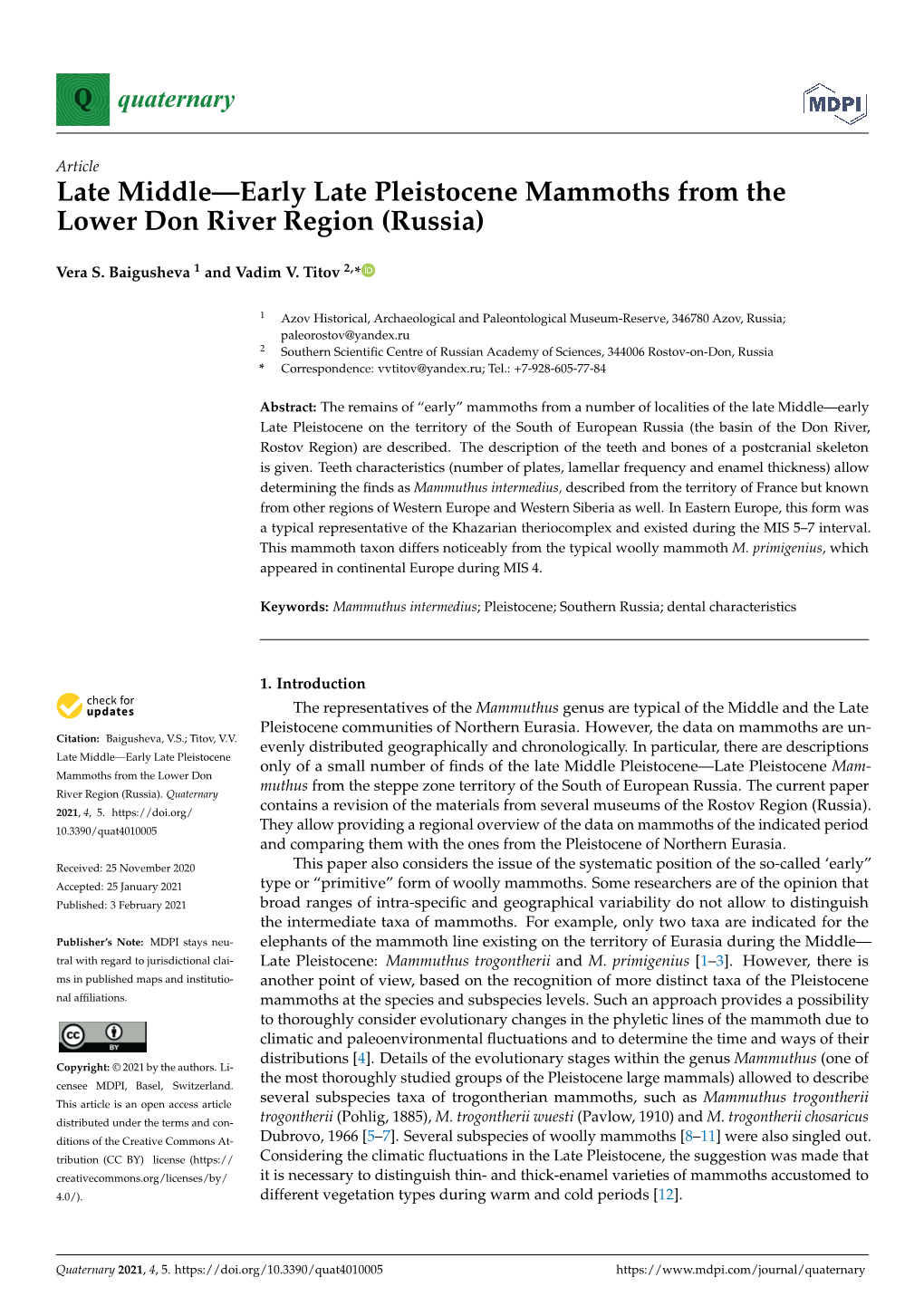 Late Middle—Early Late Pleistocene Mammoths from the Lower Don River Region (Russia)