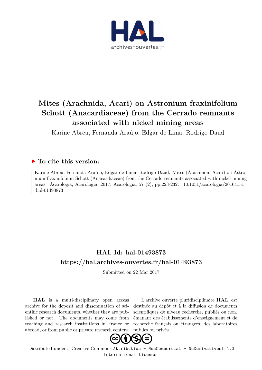Mites (Arachnida, Acari) on Astronium Fraxinifolium Schott (Anacardiaceae