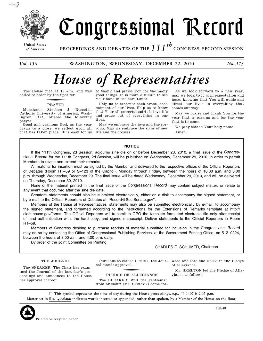 Congressional Record United States Th of America PROCEEDINGS and DEBATES of the 111 CONGRESS, SECOND SESSION