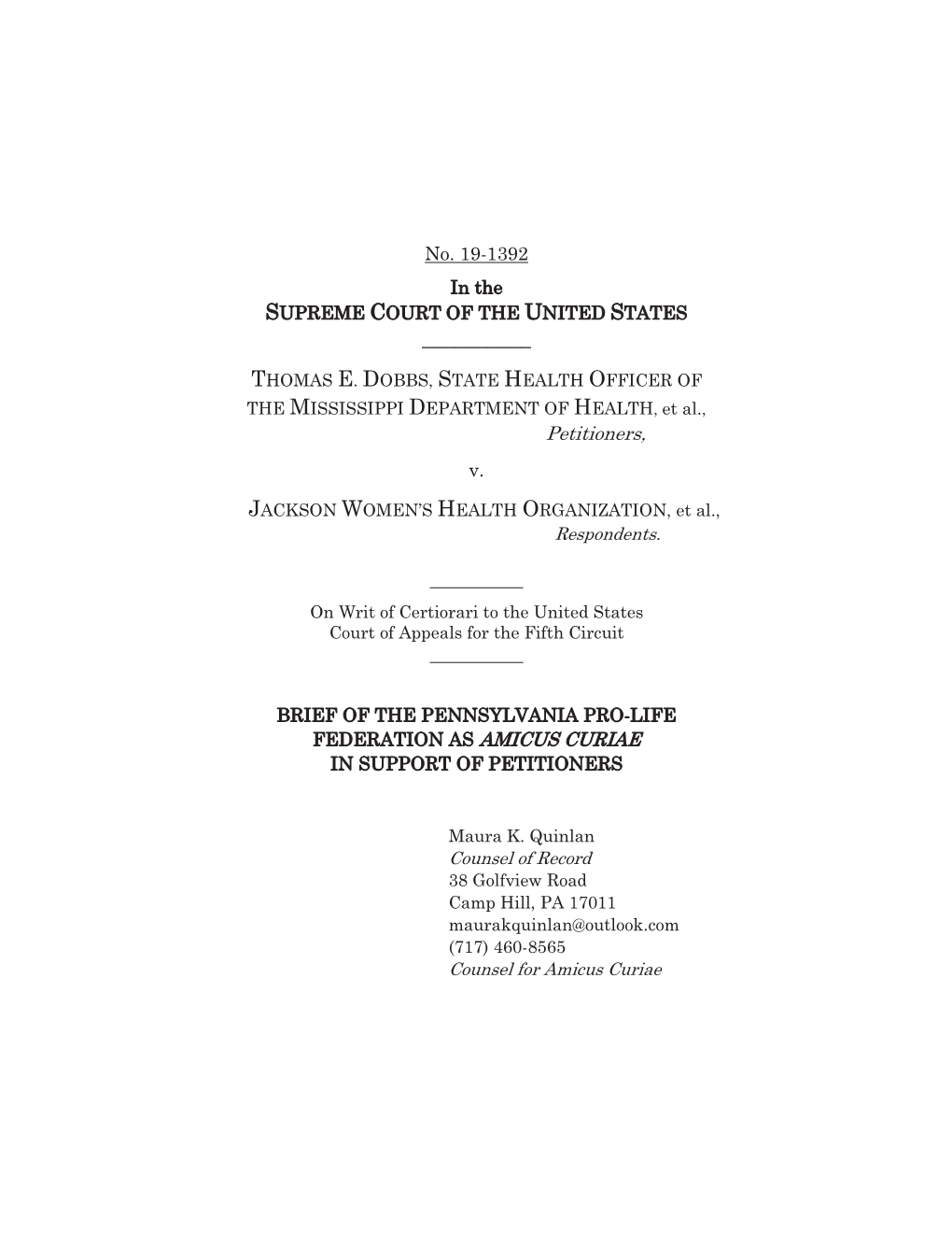 No. 19-1392 in the SUPREME COURT of the UNITED STATES Petitioners, V. ___BRIEF of the PENNSYLVANIA PRO-LIFE