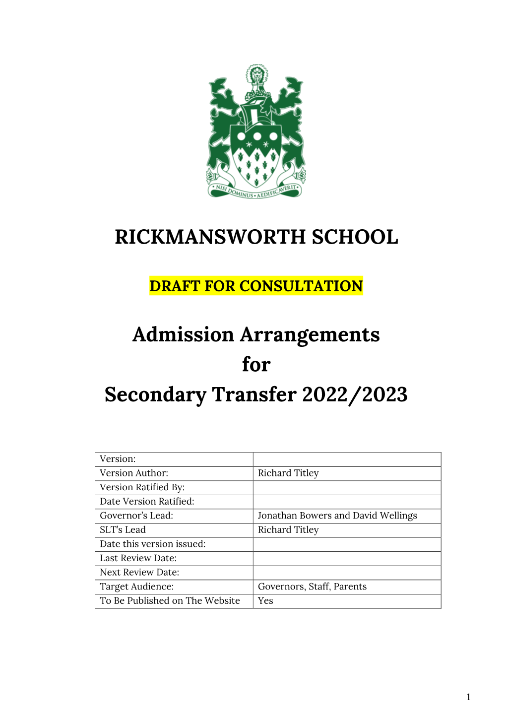 RICKMANSWORTH SCHOOL Admission Arrangements For