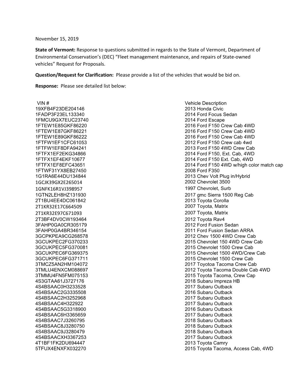 Response to Questions Submitted in Regards to the State of Vermont, Department of Environmen