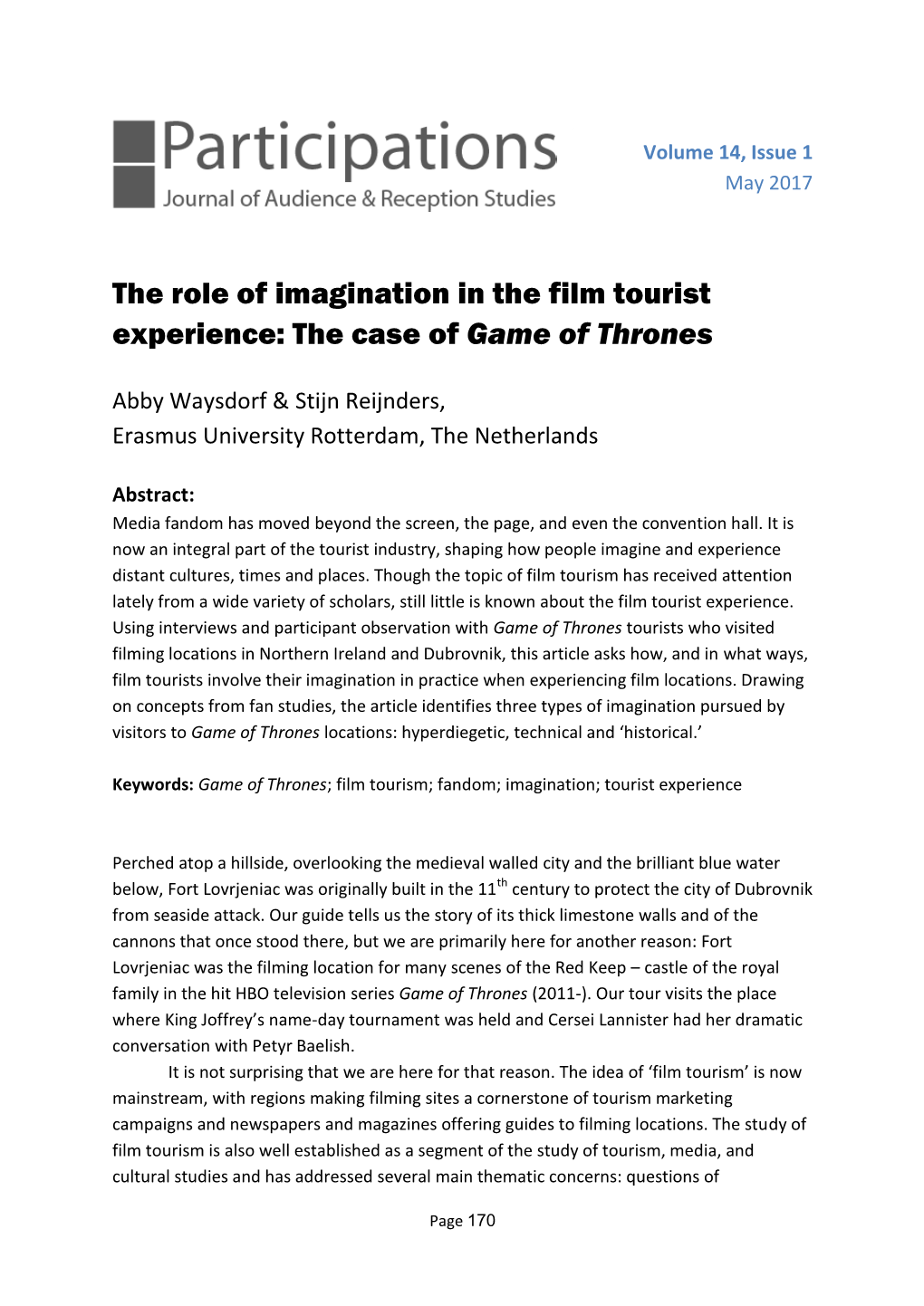 The Role of Imagination in the Film Tourist Experience: the Case of Game of Thrones