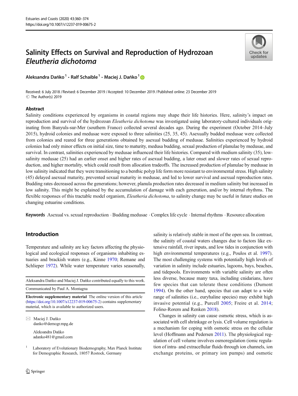 Salinity Effects on Survival and Reproduction of Hydrozoan Eleutheria Dichotoma